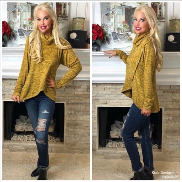 Sweaters - Mustard Cowl Neck Top with Button Detail